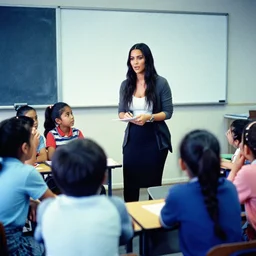 film still of kim kardashian as a teacher, teaching kids, associated press, 2 6 mm, kodak ektachrome, blue tint expired film.