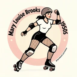 1950s logo of a roller derby girl (Mary Louise Brooks) doing Cross-Over, wearing skate helmet, knee pads, elbow pads, fishnet tights, showing off biceps, illustration by greg rutkowski and mcbess, 1950s