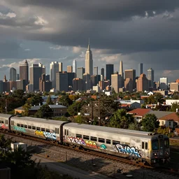 a train covered with graffiti going through a vast cityscape by martha cooper