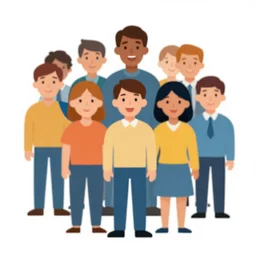 team of 8 x happy people, pictogram, white background