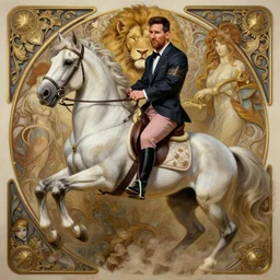 Lionel Messi riding a majestic horse, D&D, fantasy, intricate, elegant, highly detailed, digital painting, artstation, concept art, matte, sharp focus, illustration, art by Artgerm and Greg Rutkowski and Alphonse Mucha
