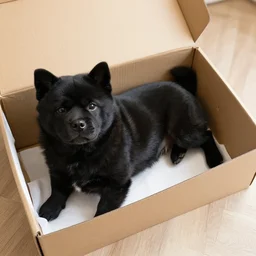 black fat dog inside shoebox photograph 4 k