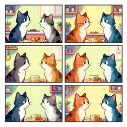a colorful comic in 4 panels of cats talking to one another in the kitchen in style of marvel comics