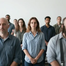 suspects lineup in front of white wall facing the camera