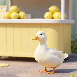 a duck standing next to a lemonade stand