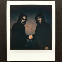 two shadowy demons shaking hands and looking at the camera, horror, nightmare, terrifying, surreal, nightmare fuel, old polaroid, blurry, expired film, lost footage, found footage,