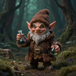 tiny evil alchemist gnome, brown tuffle coat, evil smile, flasks in hands, dnd, deforested forest background, grimdark, matte painting, midjourney style