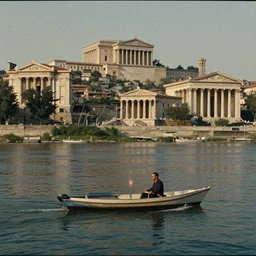 movie still of a man on a small boat on a river with ancient city backround, cinestill 8 0 0 t 3 5 mm, heavy grain, high quality, ultra wide lens, high detailed, flares, anamorphic, neoclassical architecture, ancient buildings, classical temples
