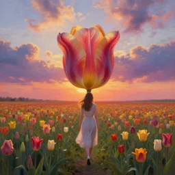 large tulip as a face, girl walking in a flower field, surreal photography, sunrise dramatic light, impressionist painting, colorful clouds, digital painting, artstation, simon stalenhag