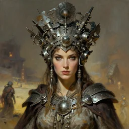 empress of the wasteland, scrap metal headdress, beautiful! coherent! by brian froud, by frank frazetta