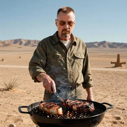 Walter White grilling steaks in the desert, intense lighting, still from breaking bad