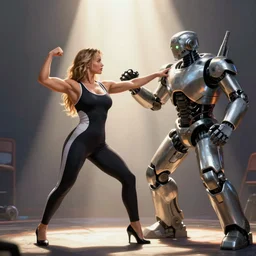 bodybuilder jennifer lawrence wearing spandex, duel with robot, god's rays, cinematic light, octane render, photorealistic, digital painting, drew struzan, gta v cover art
