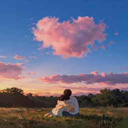 a deep blue sky with pink cloud, an open field of people cuddling prospect park anime film studio ghibli golden hour sunset ryan mcginley gottfried helnwein painting film cinematic 4 k