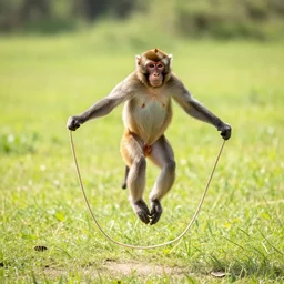 a monkey jumping rope in a field, with bright sunshine, realistic photo, well detailed