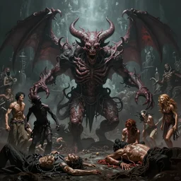 epic professional digital art of hell with people suffering, atmospheric lighting, painted, complex, detailed, sinister background, works by artgerm, greg rutkowski, leesha hannigan, wayne haag, reina rocin, ignacio fernandez rios, mark ryden, iris van herpen, epic, stunning, magnificent, very wow, cinematic, masterpiece, complex, with a clear focus, trending on artstation