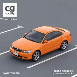 an orange car is parked in a parking lot, a digital rendering by anson maddocks, featured on cg society, synchromism, 1 9 7 0 s, clean, creative commons attribution