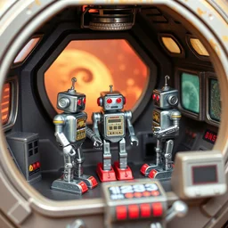digital color photo of three 1 9 4 0 s - style tin - toy robots, inside a small diorama of a spaceship control room