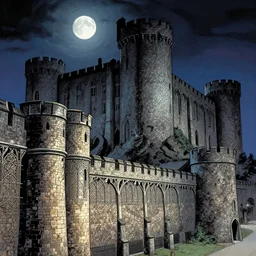 city of king's landing at night by bill sienkiewicz, moebius and thomas kinkade, moonlight, complex stonework, ramparts, bulwarks, granite architecture, art nouveau ironwork and engraving, huge towering castle