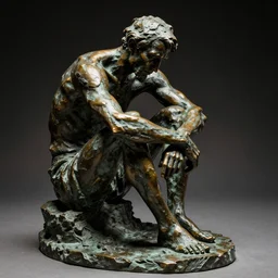 high resolution photograph of a bronze cast sculpture of a sad peasant in a roundabout in the style of giacometti