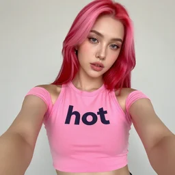 jeffree star 2 0 0 0 s selfie with pink red hair wearing a hot pink crop top that says hot on it