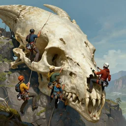 groups of adventurer rock climbers climbing a giant ancient dragons skull, very detailed, fantasy art, dungeons and dragons, belaying, ropes, equipment, landscape, cover of national geographic