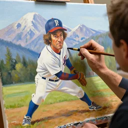 a closeup photorealistic photograph of bob ross crafting an image of kenny powers baseball, a painting on a canvas. mountains and trees. film still. brightly lit scene. this 4 k hd image is trending on artstation, featured on behance, well - rendered, extra crisp, features intricate detail, epic composition and the style of unreal engine.