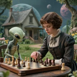 detailed, sharp, a girl with short hair, playing chess with her pet humanoid alien creature, wearing 1860s era clothes, in the garden of a house on an strange alien planet, extremely highly detailed, hyperrealistic, highly detailed faces, 70 mm still from a period sci fi movie, 4k