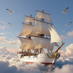 a beautiful digital painting of a white caravel in the clouds, birds flying in the sunlight, numerous intricated sails, blue sky at sunset, elegant, highly detailed, artstation, concept art, matte, sharp focus, art by tom bagshaw, kelogsloops and greg rutkowski