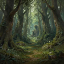 peaceful elven forest, thick forest, large ents are visible in the background, by alan lee, michal karcz, smooth details, lord of the rings, game of thrones, smooth, detailed terrain, oil painting, trending artstation, concept art, fantasy matte painting