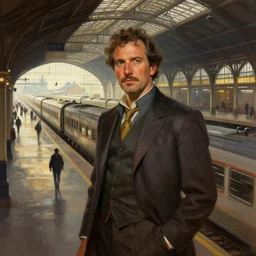 portrait of a train station trains, digital painting, artstation, concept art, donato giancola, Joseph Christian Leyendecker, WLOP, Boris Vallejo, wide view, cinematic lighting, dramatic lighting, masterpiece, light brazen, extremely detailed