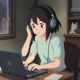 anime visual of a japanese anime traditional lo - fi girl in her room wearing headphones and working on her laptop loop, cat, moody hipster tones, joy gaze, cute face by ilya kuvshinov, makoto shinkai, kyoani, masakazu katsura, dynamic pose, crisp and sharp, yoshinari yoh, rounded eyes, anime poster, cel shaded