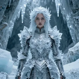 full shot of a regal brown woman wearing an intricate armor made of many layers of ice. no makeup!! stalactite hair. freckles!! haunting eyes. elaborate. ice caves. glaciers. refracted light. extremely soft lighting. textures. delicate. translucent. by ray cesar. by louise dahl - wolfe. by andrea kowch. by tom bagshaw. surreal photography.