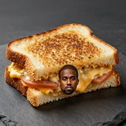 kanye west, a grilled cheese sandwich that looks like kanye west, grilled cheese sandwich, detailed product photo