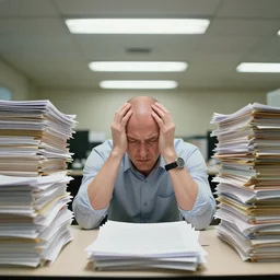 alex jones inside an american office under fluorescent lights, sorrounded by piles of papers, stressed