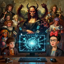 the bits and bytes of the computer are flying away, the screen is cracked, monitor is flashing strange symbols, the demons are coming closer, digital masterpiece painting by Rembrandt, Michelangelo, Leonardo Da Vinci, Greg Rutkowski, Thomas Kinkade, Hayao Miyazaki, Capcom, SNK, Marvel, Pixar, Pablo Picasso, Frida Kahlo, 4k wallpaper, intense