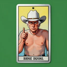 tarot card of shirtless Bernie Sanders in a cowboy hat, green background with silver trim, homoerotic, art deco, art nouveau, trending on artstation