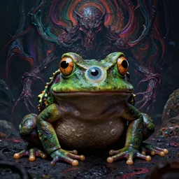 dark fantasy, 4 k, textured 3 d, intense detail, psychedelic frog, amazing background, eyeball in center of hideous monster, alex grey style
