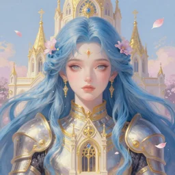 breathtaking detailed soft painting of a knight queen with long flowing blue hair, pastel flower petals flying, art by pilyeon, yuumei art, symmetrical facial features, at dawn in front of a pristine golden art nouveau cathedral, elegant, volumetric lighting, highly detailed, artstation, concept art, matte, sharp focus,