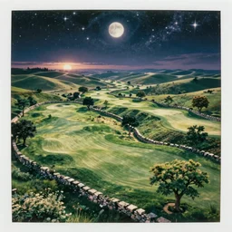 overview, panorama, aerial view. birds eye view of a perfect sprawling infinite elysian dreamlike green hilly pastoral astral psychedelic golf course stone wall landscape with cherished trees, stone walls under cosmic stars, cosmic moonlight, stone walls, cherished trees, memory trapped in eternal time, golden hour, dark sky, evening starlight, peaceful haunted vintage psychedelic painted polaroid by hiroshi yoshida