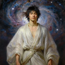 young asian man, god of starlight, short flowing hair, modest flowing gown, smug expression, highly detailed painting by gaston bussiere, craig mullins, j. c. leyendecker 8 k, sparkling nebula