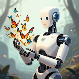 a ai robot holding a bunch of butterflies, digital art by wlop, deviantart contest winner, fantasy art, digital illustration, digital painting, photoillustration