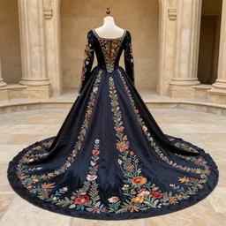 long beautiful voluminous medieval court dress with train and embroidered flowers