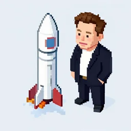 isometric pixel art of elon musk and his rocket,