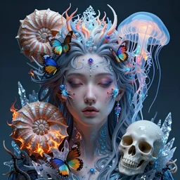 goddess close-up portrait. jellyfish phoenix head, nautilus, butterfly, skull, ice and fire, bioluminiscent creatures, intricate artwork by Tooth Wu and wlop and beeple. octane render, trending on artstation, greg rutkowski very coherent symmetrical artwork. cinematic, hyper realism, high detail, octane render, 8k
