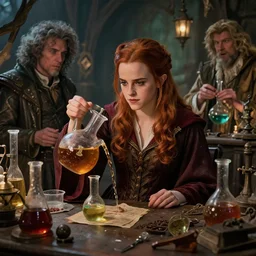 emma watson as a fantasy wizard, mixing potions in a rundown magical lab, by greg rutkowski and frank frazetta, intricate, artstation, cinematic, style of magic : the gathering