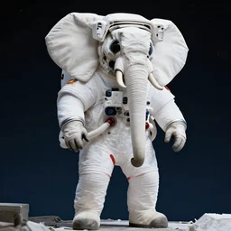 full shot of giant elephant in white spacesuit as astronaut