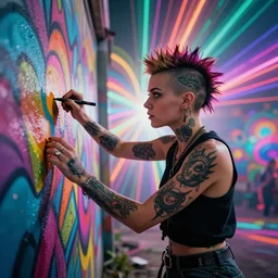 a punk woman with shaved head and tattoos doing graffiti in a psychedelic landscape - rays, ray - tracing, cinematic lighting, 8 k smooth, vibrant colors, ambient occlusion, hdr, complex, highly atmospheric lighting, highly detailed, alex grey, greg rutkowski, focus, cinematic, concept art, artstation, trending