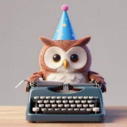 owl wearing a party hat at a typewriter, 4k, 3d render