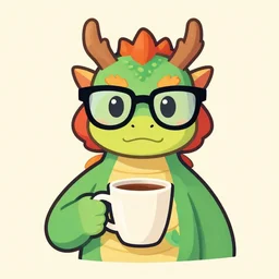 dragon wearing glasses, holding a cup of coffee, vector digital art