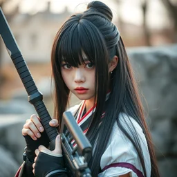highly detailed beautiful anatsu kyoushitsu cosplay, warcore, long black hair and fringe, professional photography 8 k 3 5 mm, holding weapon, pixiv